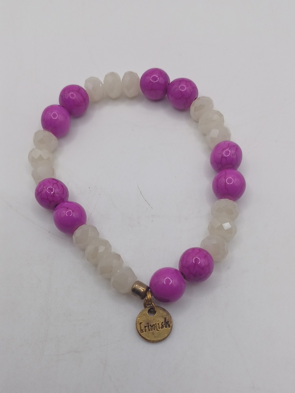 Erimish White Crystal and Fuchsia Glass Beaded Stretch Bracelet.. Sz 7